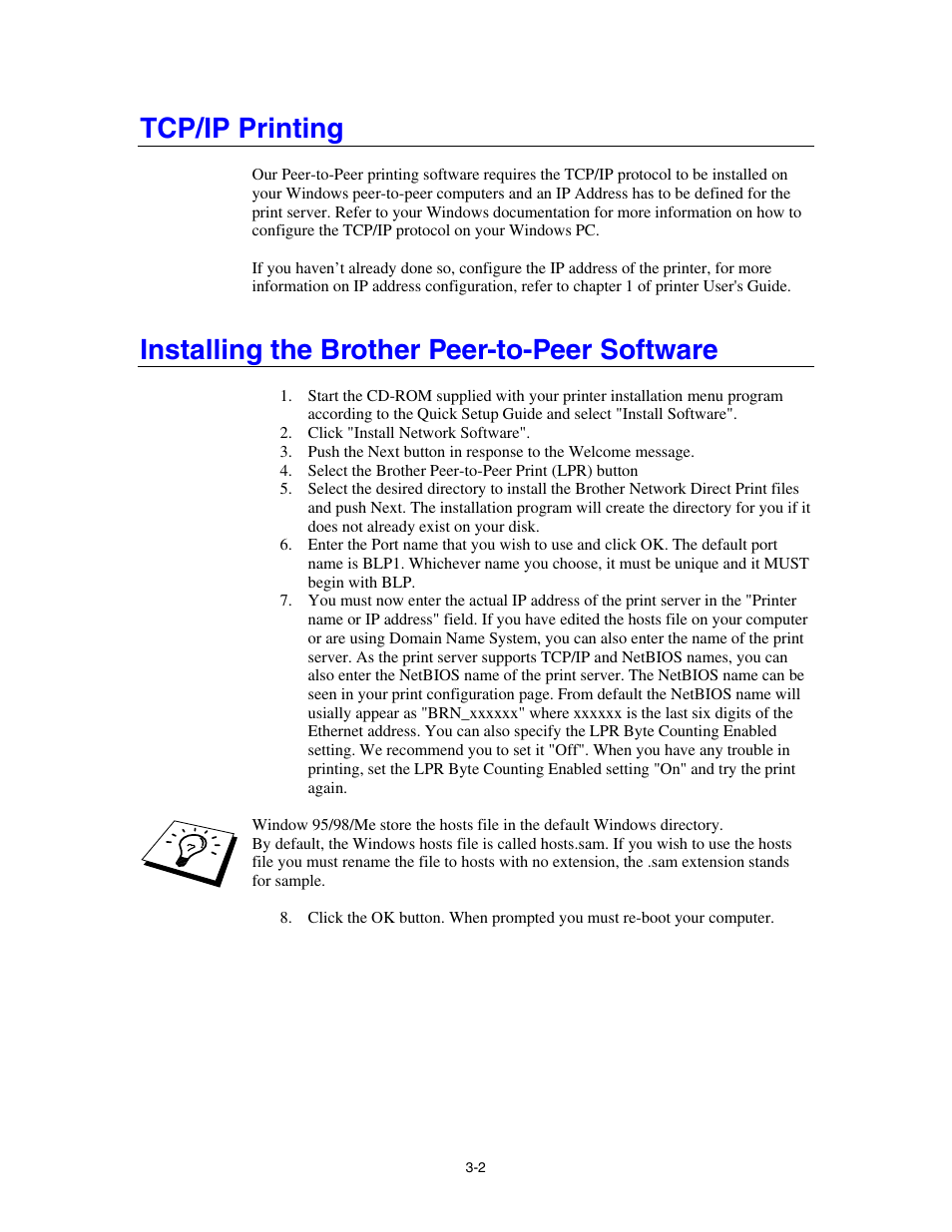 Tcp/ip printing, Installing the brother peer-to-peer software | Brother HL-4000CN User Manual | Page 34 / 78