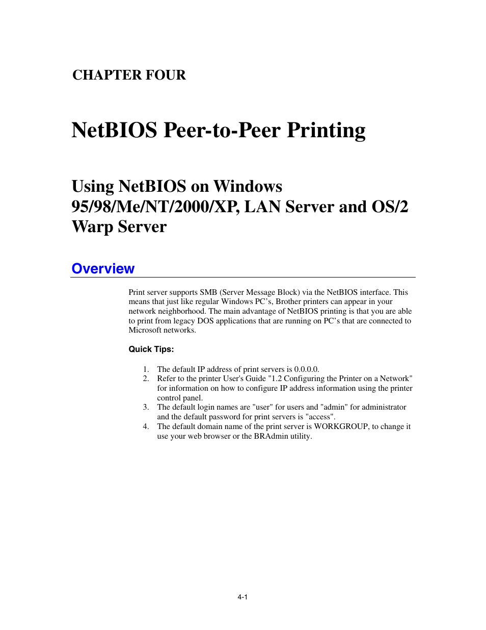 Chapter four netbios peer-to-peer printing, Overview, Chapter four | Netbios peer-to-peer printing | Brother HL-4000CN User Manual | Page 37 / 78