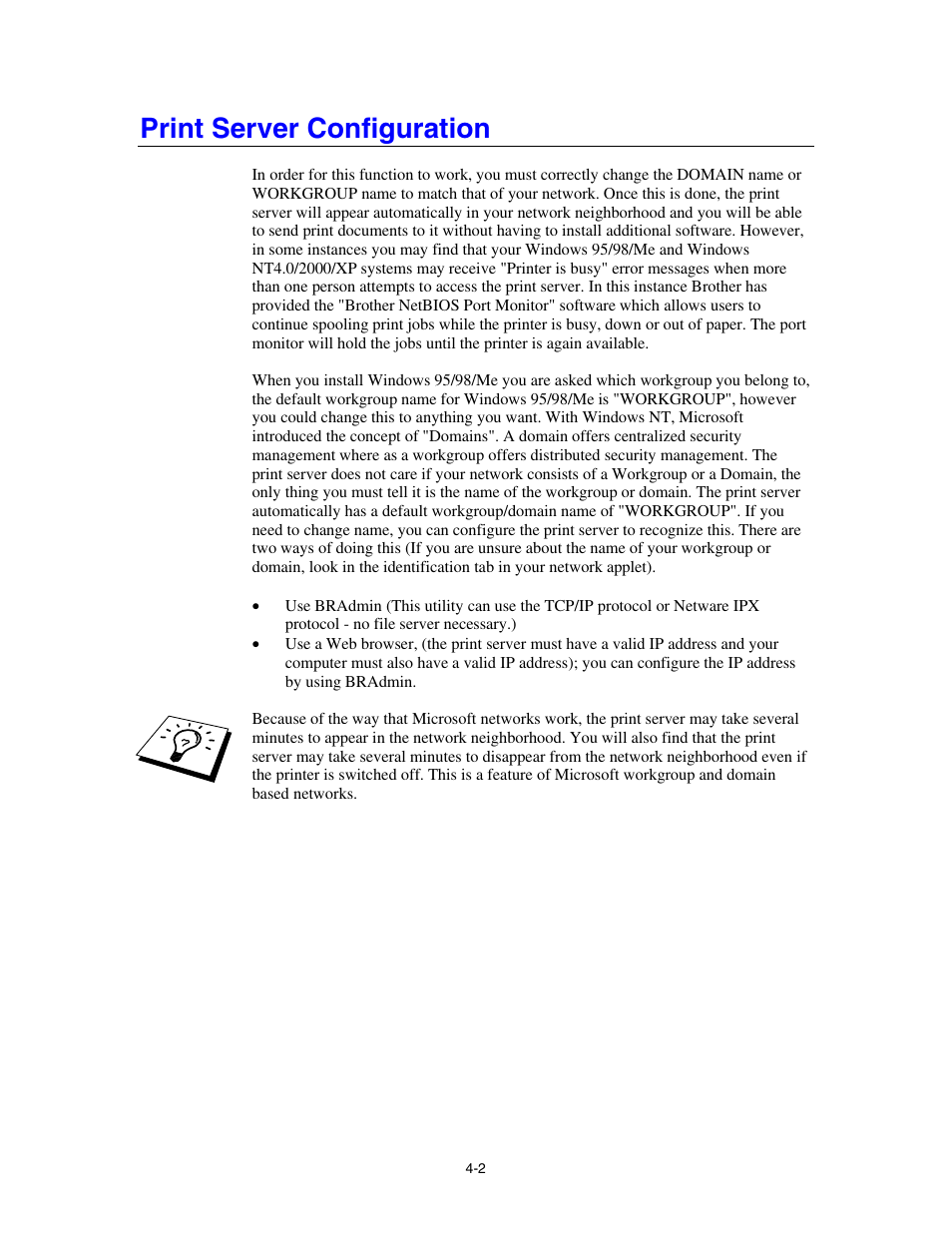 Print server configuration | Brother HL-4000CN User Manual | Page 38 / 78