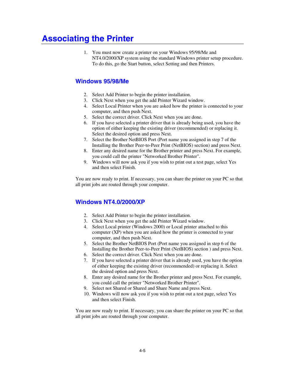 Associating the printer, Windows 95/98/me, Windows nt4.0/2000/xp | Brother HL-4000CN User Manual | Page 41 / 78