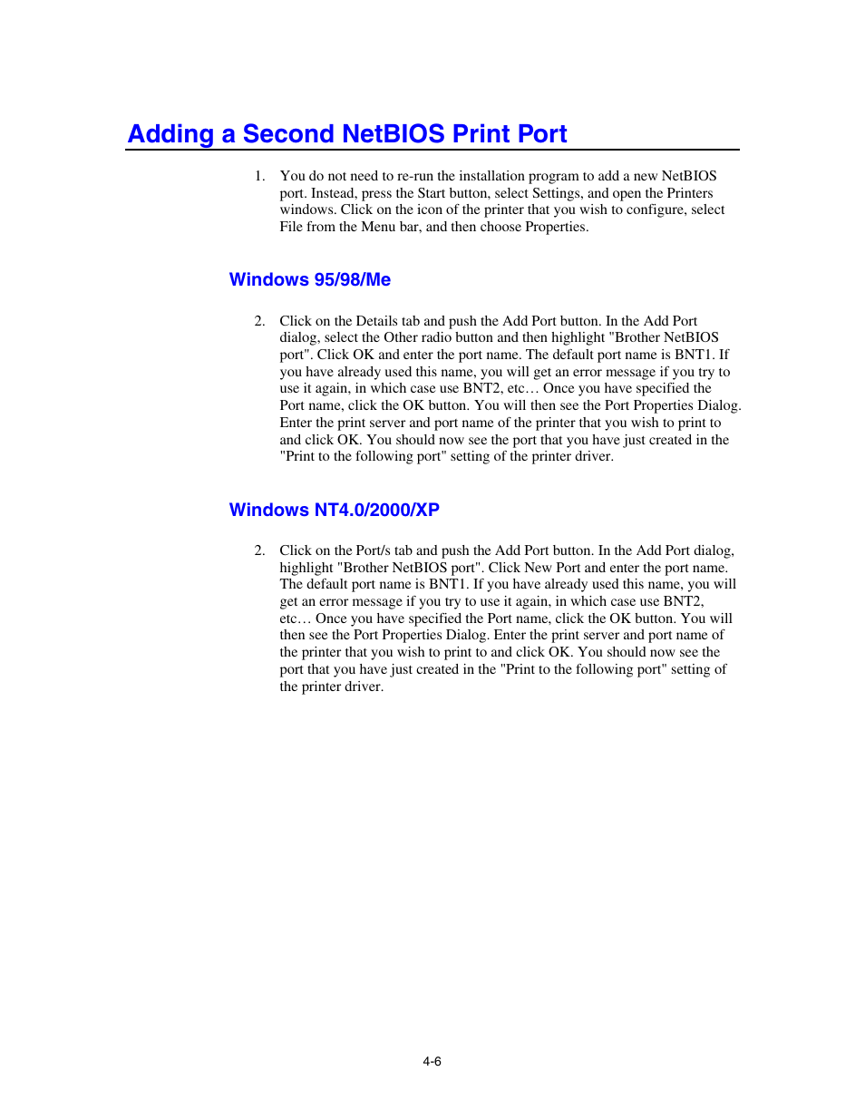 Adding a second netbios print port, Windows 95/98/me, Windows nt4.0/2000/xp | Brother HL-4000CN User Manual | Page 42 / 78