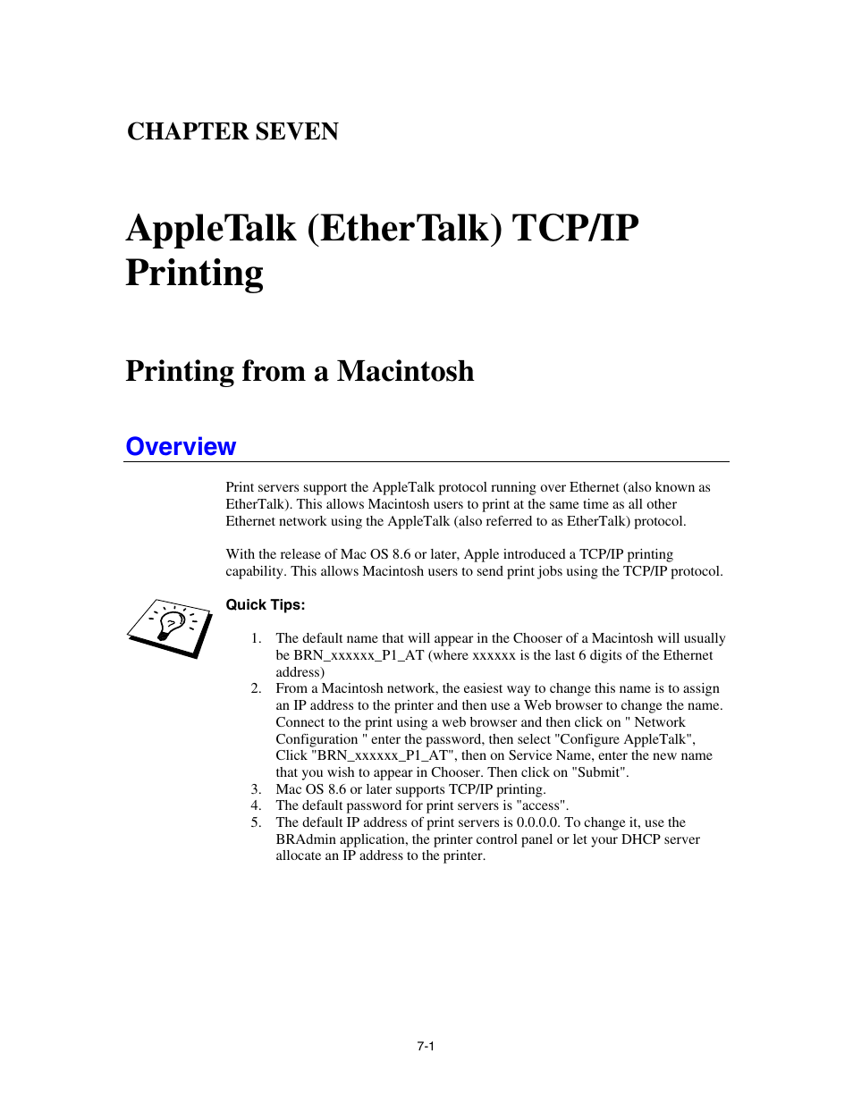 Printing from a macintosh, Overview, Chapter seven | Appletalk (ethertalk) tcp/ip printing | Brother HL-4000CN User Manual | Page 56 / 78