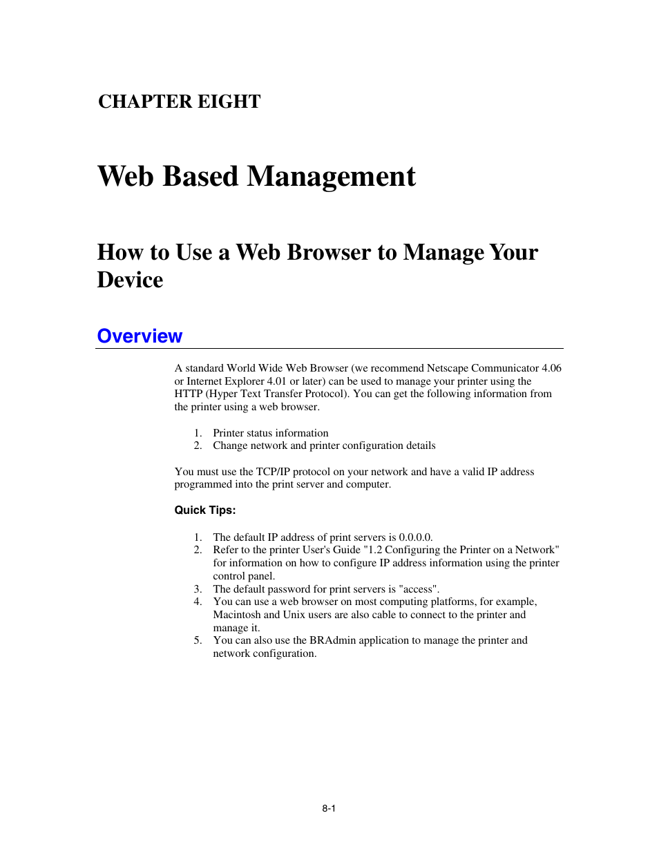 Chapter eight web based management, How to use a web browser to manage your device, Overview | Chapter eight, Web based management | Brother HL-4000CN User Manual | Page 62 / 78