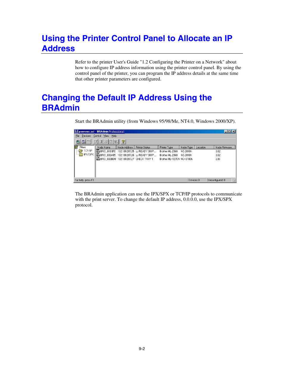 Changing the default ip address using the bradmin | Brother HL-4000CN User Manual | Page 65 / 78