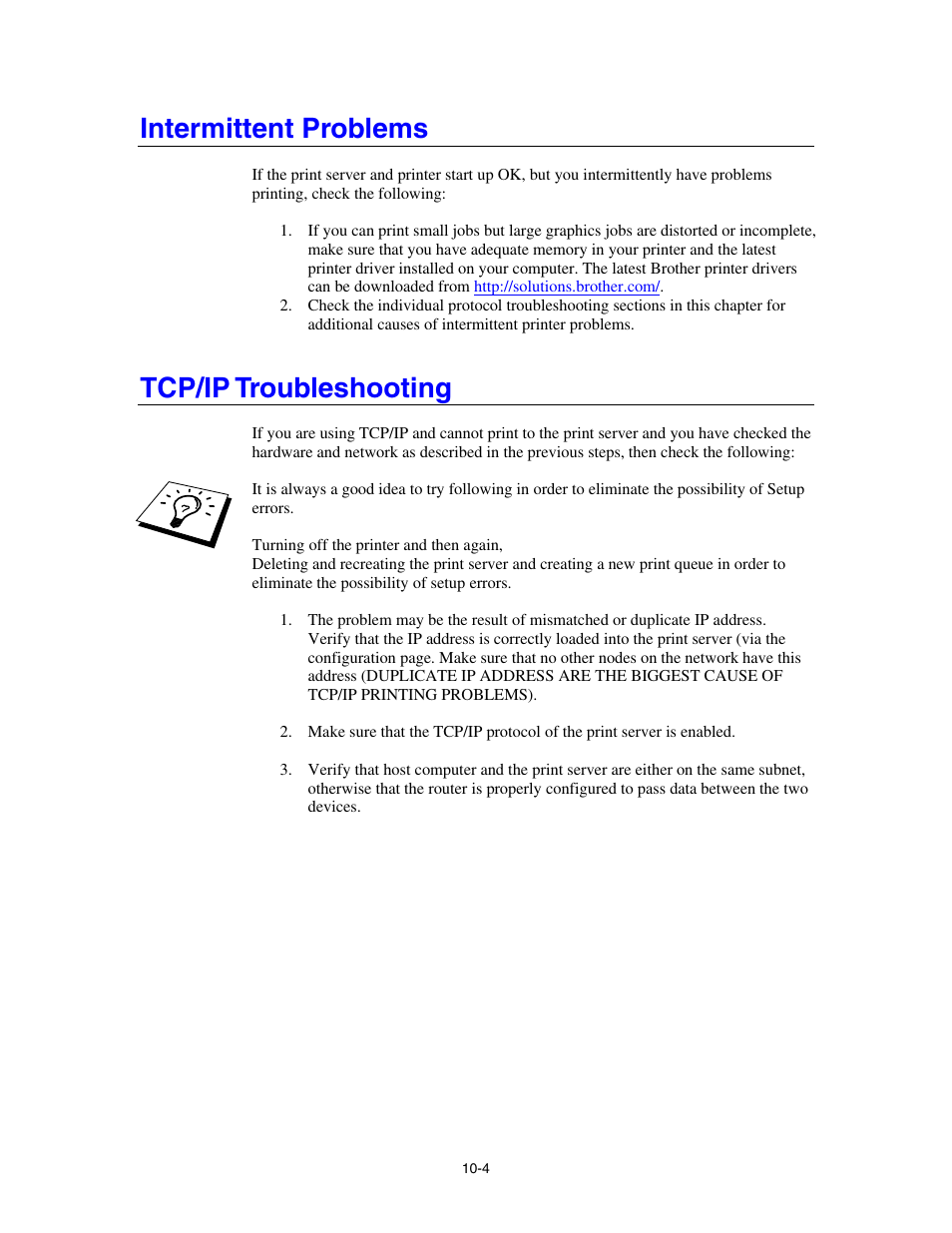 Intermittent problems, Tcp/ip troubleshooting | Brother HL-4000CN User Manual | Page 71 / 78