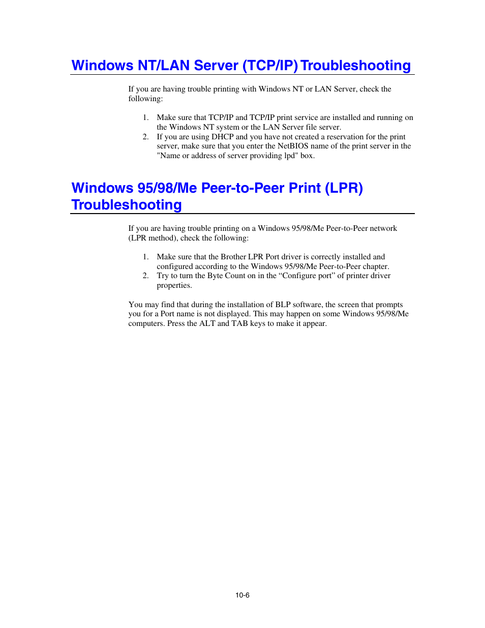 Windows nt/lan server (tcp/ip) troubleshooting | Brother HL-4000CN User Manual | Page 73 / 78