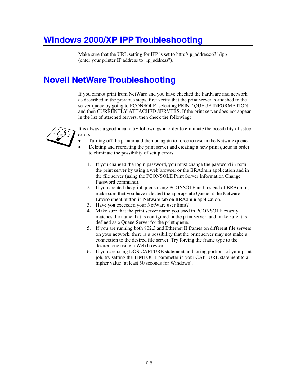 Windows 2000/xp ipp troubleshooting, Novell netware troubleshooting | Brother HL-4000CN User Manual | Page 75 / 78