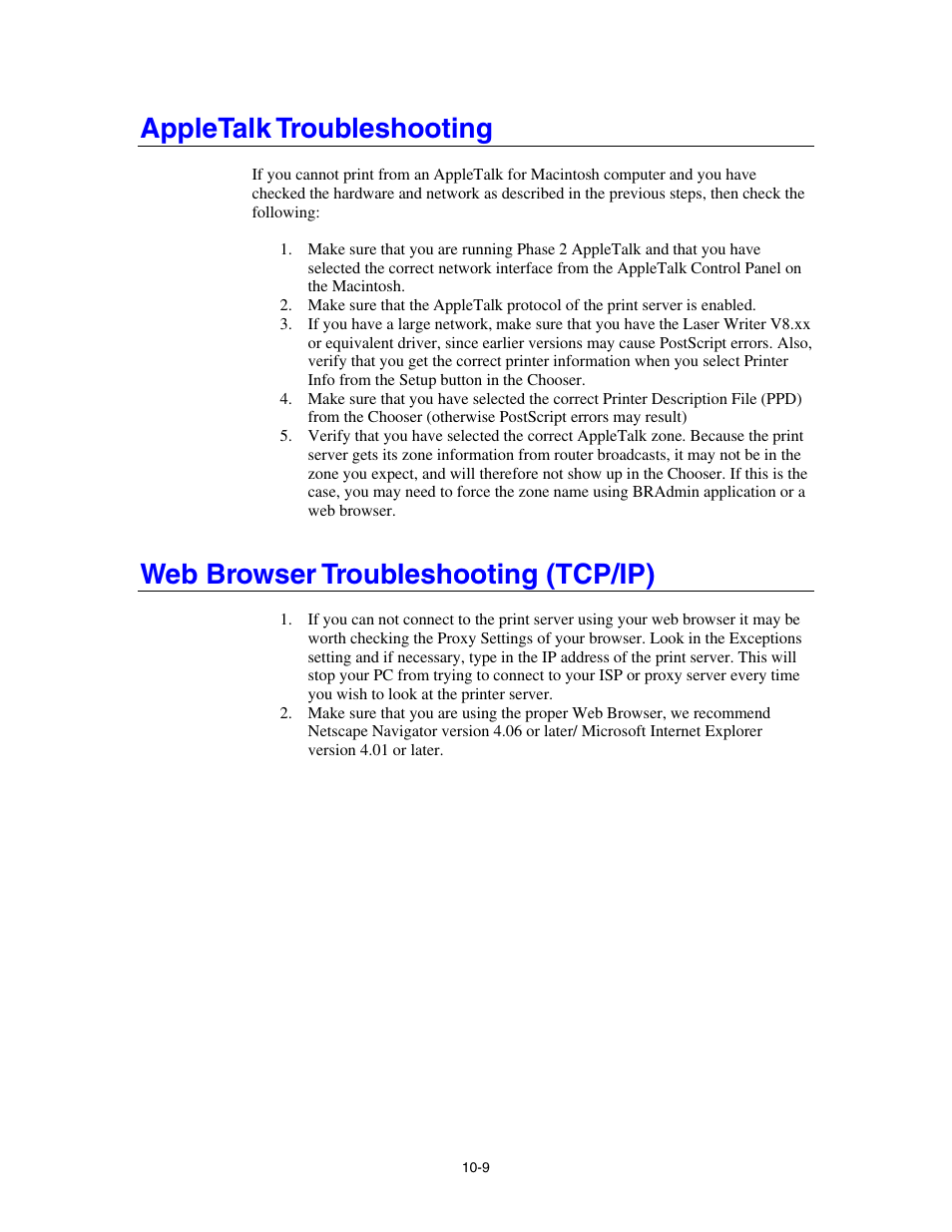 Appletalk troubleshooting, Web browser troubleshooting (tcp/ip) | Brother HL-4000CN User Manual | Page 76 / 78