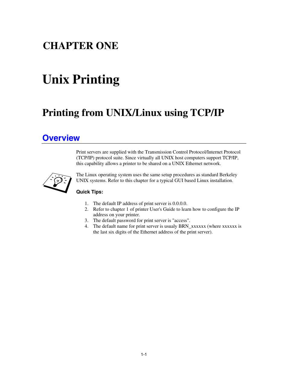 Chapter one unix printing, Printing from unix/linux using tcp/ip, Overview | Unix printing, Chapter one | Brother HL-4000CN User Manual | Page 9 / 78