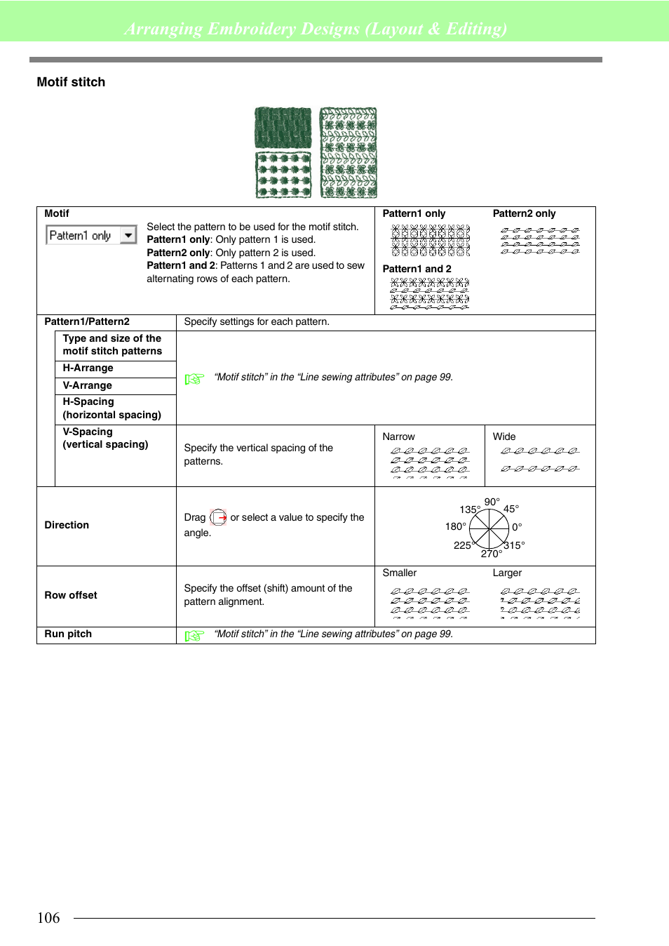 Motif stitch” in, Arranging embroidery designs (layout & editing) | Brother PE-DESIGN 8 User Manual | Page 108 / 269