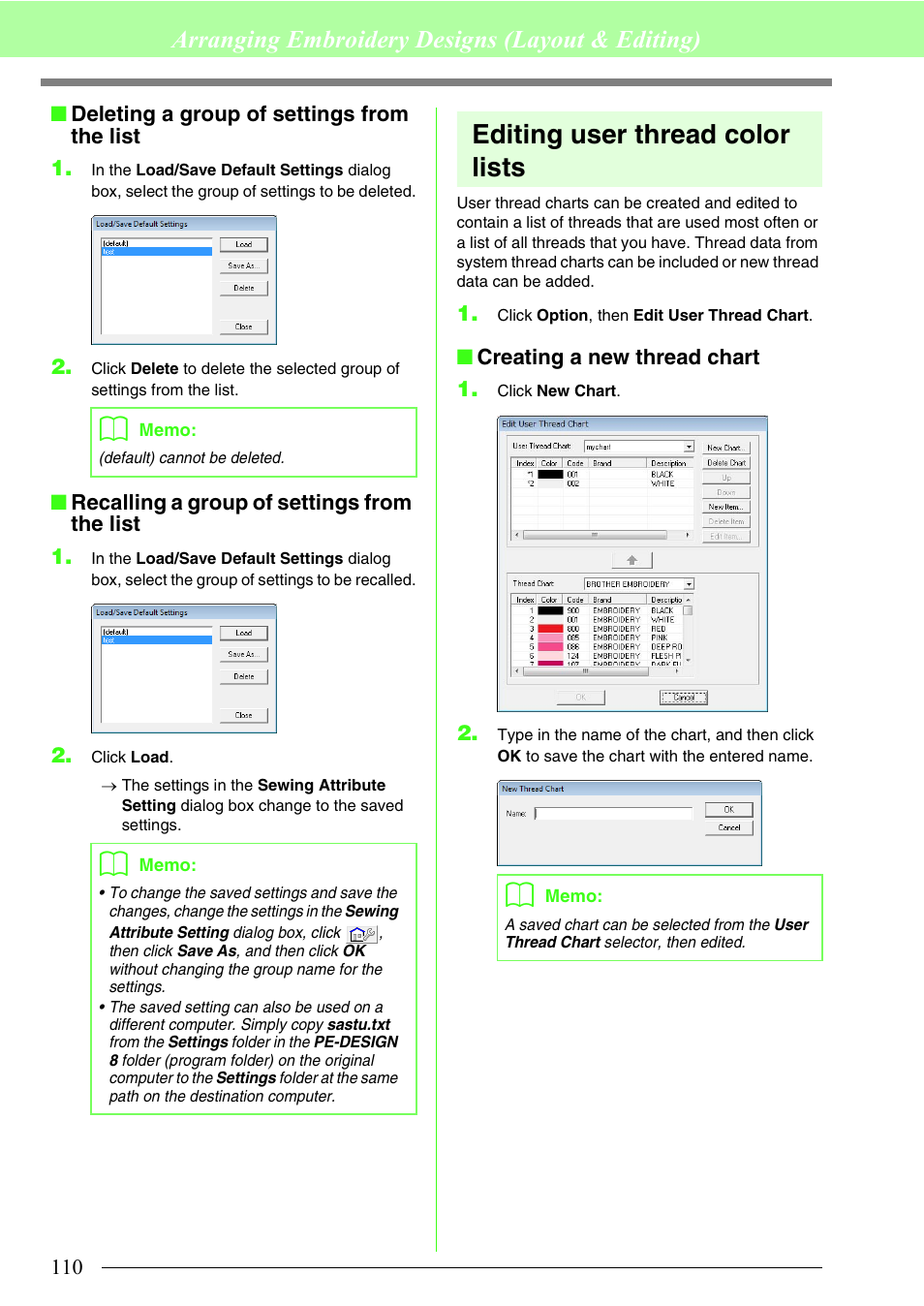 Editing user thread color lists, Arranging embroidery designs (layout & editing) | Brother PE-DESIGN 8 User Manual | Page 112 / 269