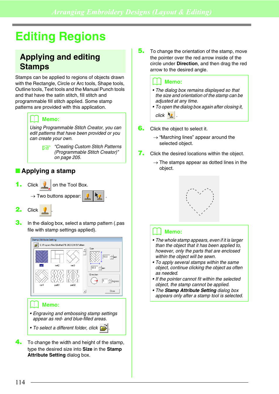 Editing regions, Applying and editing stamps, Arranging embroidery designs (layout & editing) | Brother PE-DESIGN 8 User Manual | Page 116 / 269