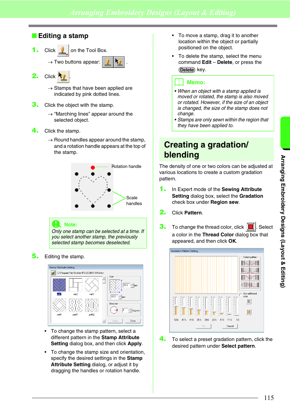 Creating a gradation/ blending, Arranging embroidery designs (layout & editing), Editing a stamp 1 | Brother PE-DESIGN 8 User Manual | Page 117 / 269
