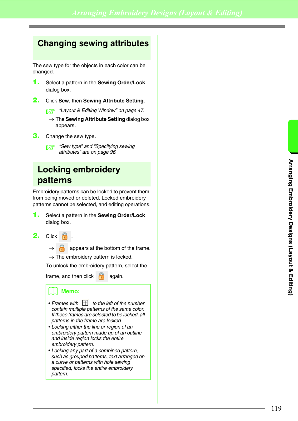 Changing sewing attributes, Locking embroidery patterns, Arranging embroidery designs (layout & editing) | Brother PE-DESIGN 8 User Manual | Page 121 / 269