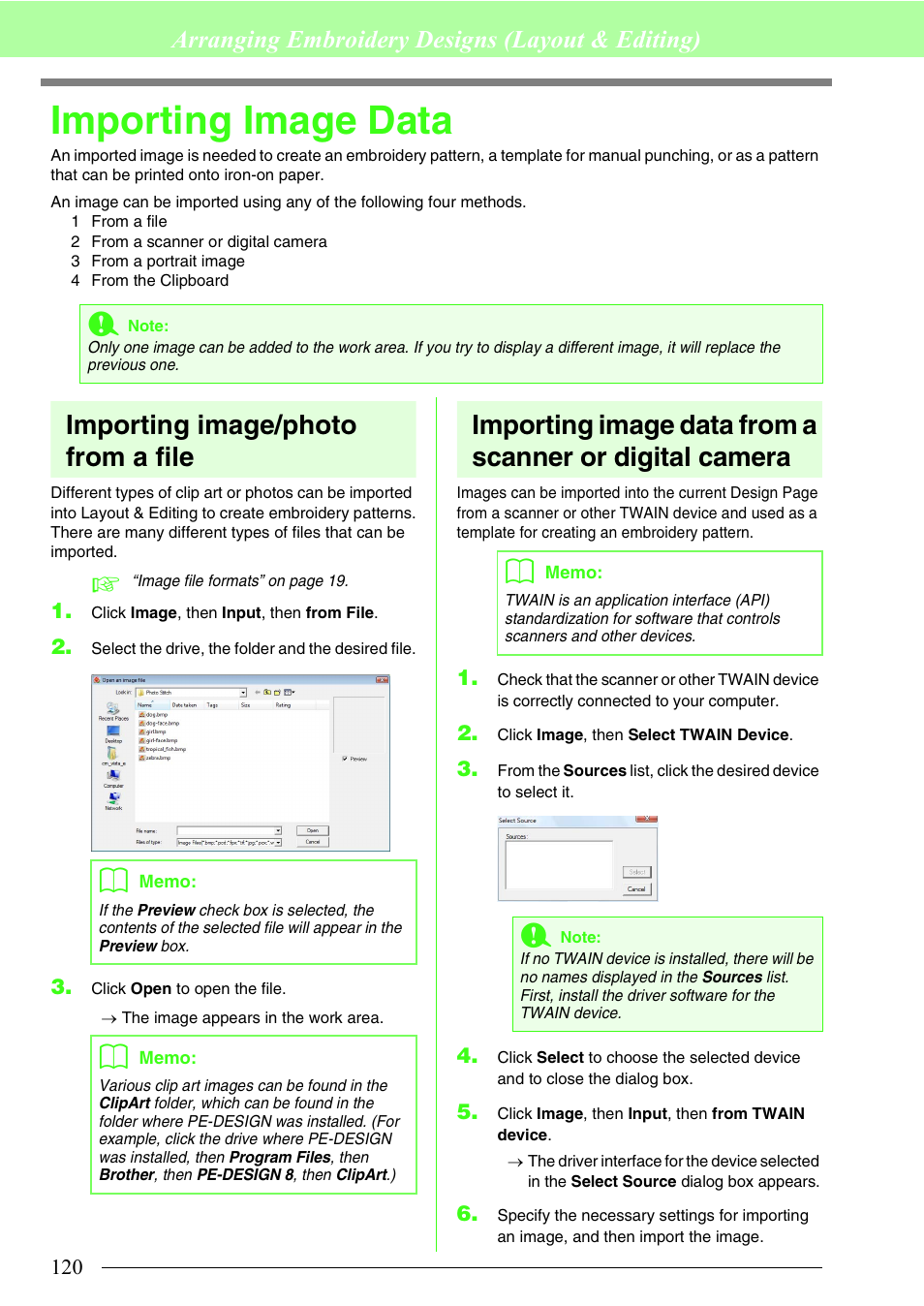 Importing image data, Importing image/photo from a file, Arranging embroidery designs (layout & editing) | Brother PE-DESIGN 8 User Manual | Page 122 / 269