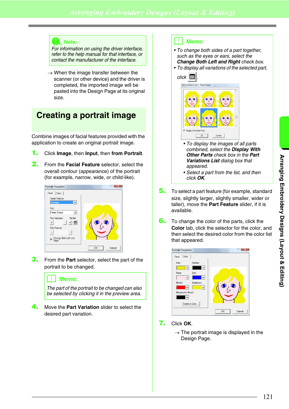 Creating a portrait image, Arranging embroidery designs (layout & editing) | Brother PE-DESIGN 8 User Manual | Page 123 / 269