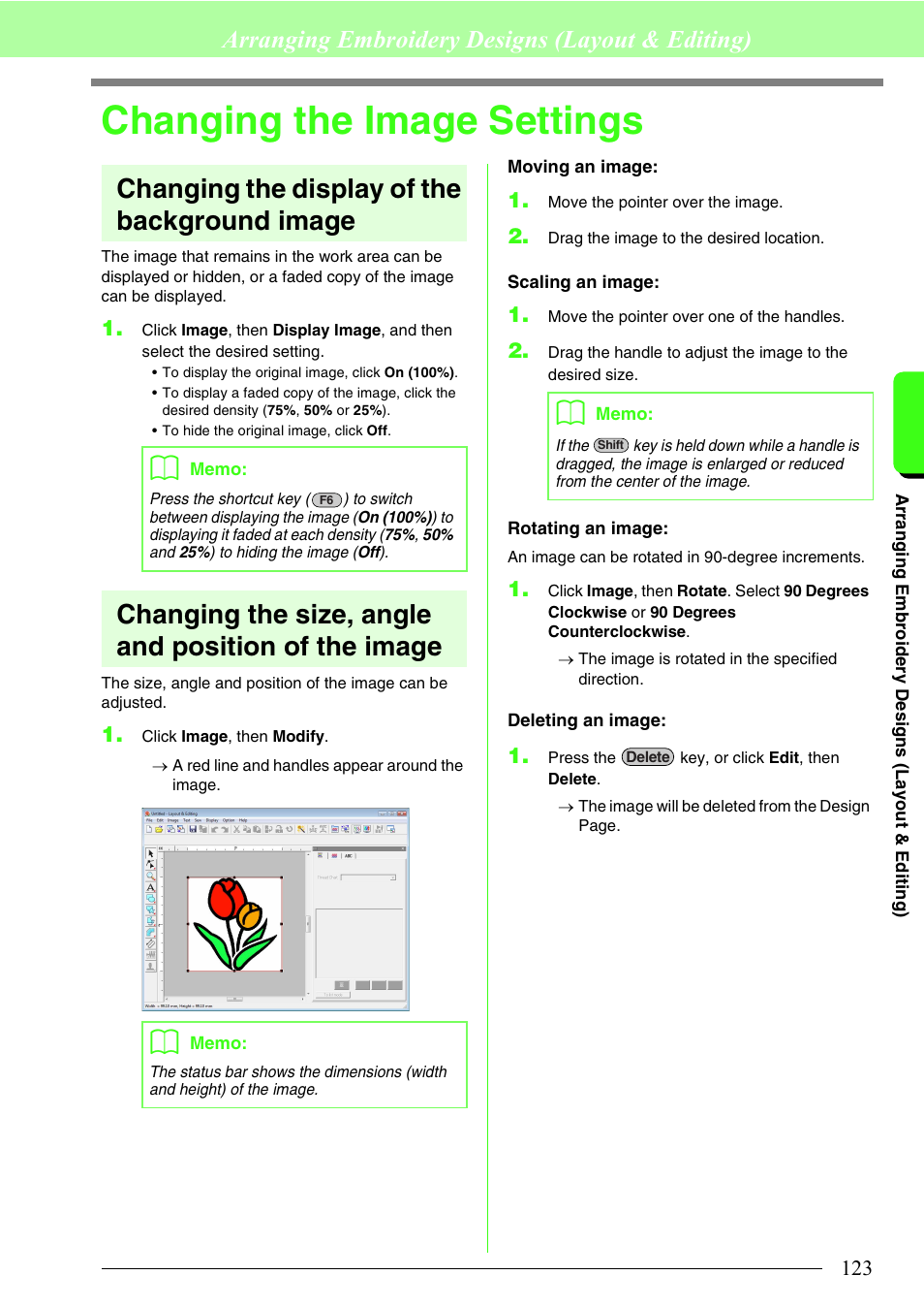 Changing the image settings, Changing the display of the background image, Changing the size, angle and position of the image | Arranging embroidery designs (layout & editing) | Brother PE-DESIGN 8 User Manual | Page 125 / 269