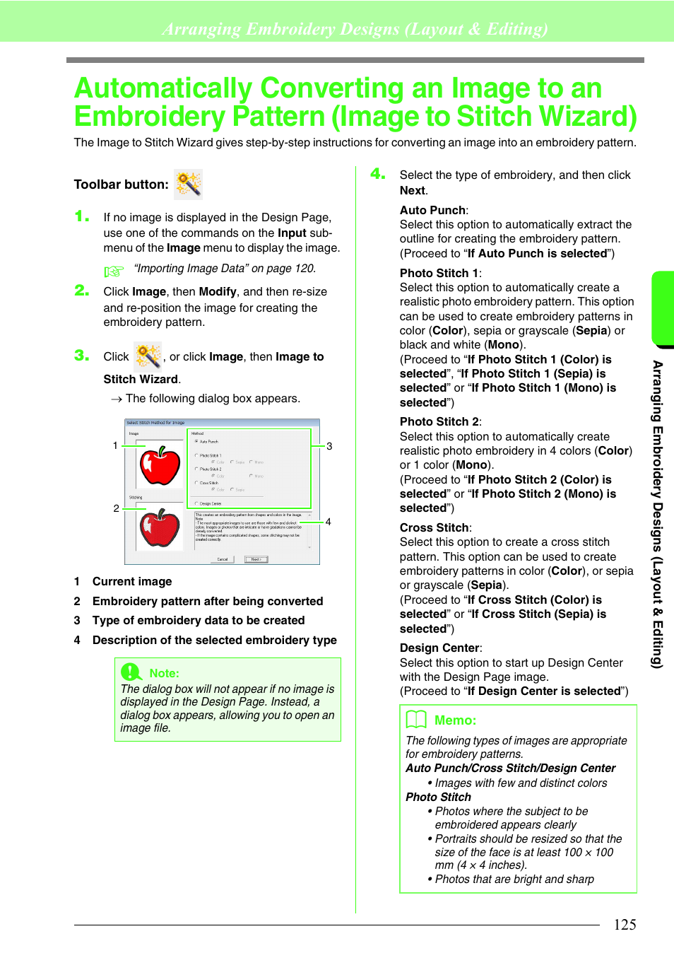 Automatically converting an image to an, Arranging embroidery designs (layout & editing) | Brother PE-DESIGN 8 User Manual | Page 127 / 269