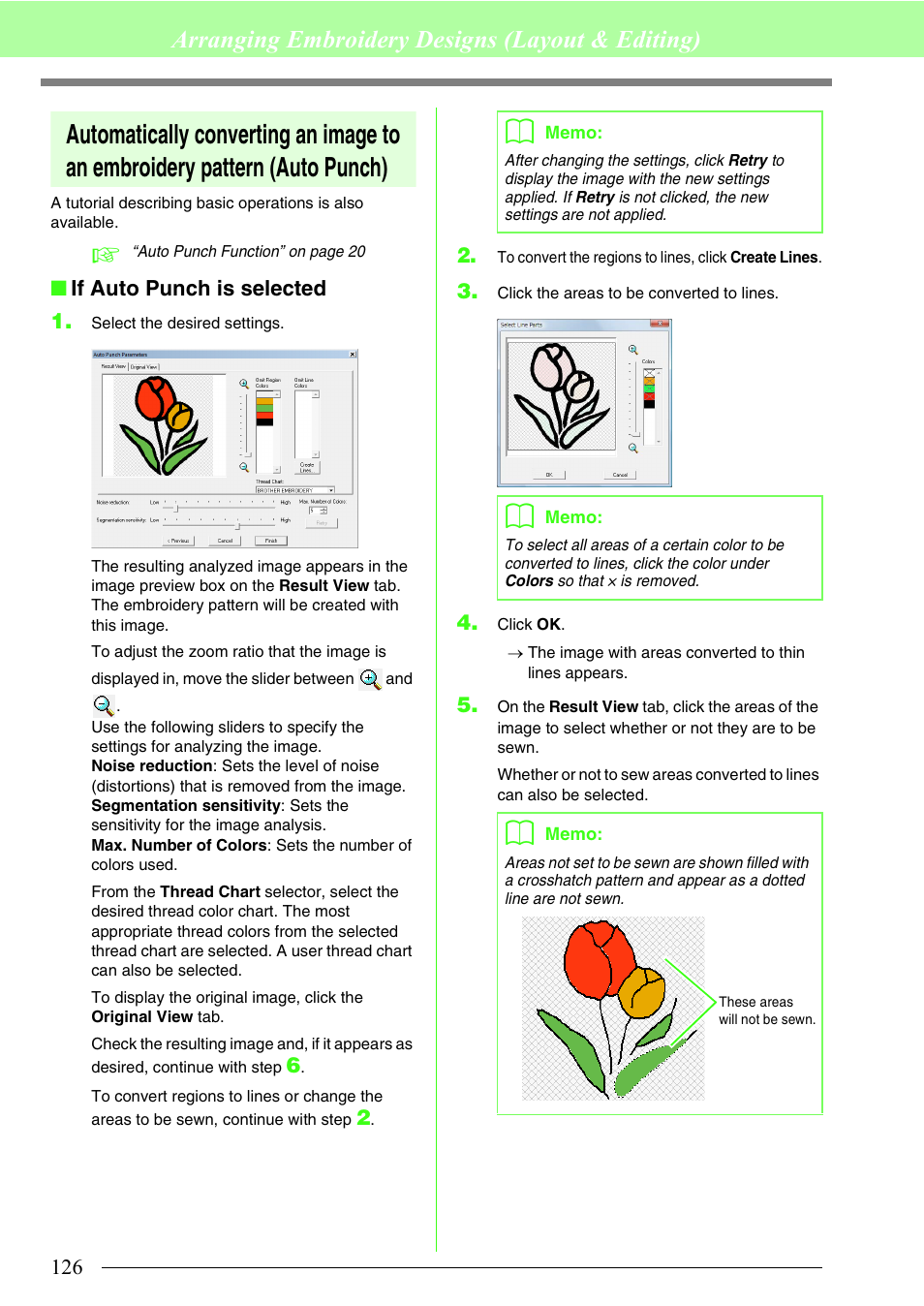 P. 126, P. 126), If auto punch is selected ”) | Arranging embroidery designs (layout & editing) | Brother PE-DESIGN 8 User Manual | Page 128 / 269