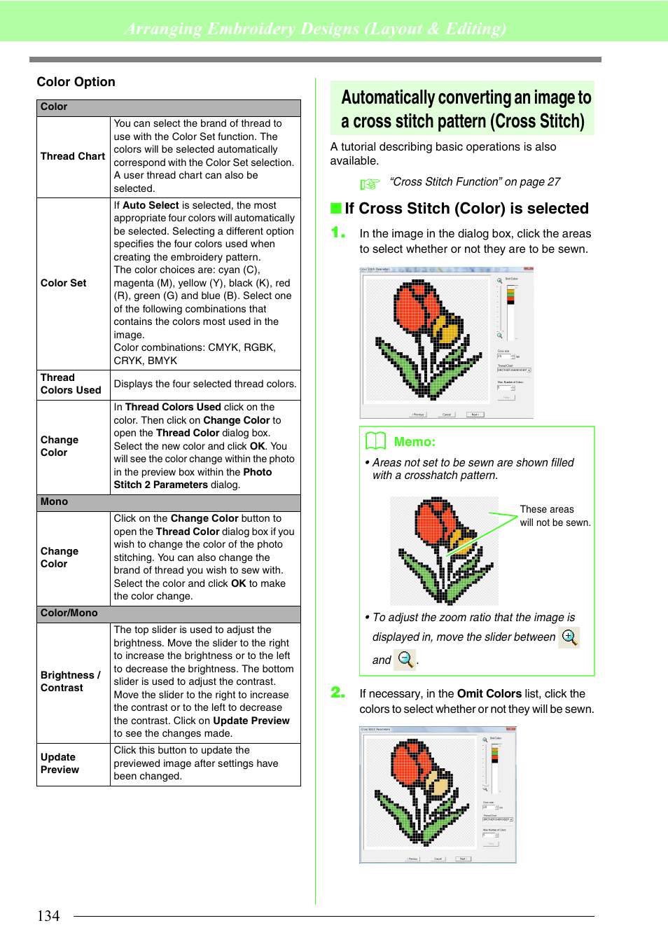 P. 134), If cross stitch (color) is selected ” o, Arranging embroidery designs (layout & editing) | If cross stitch (color) is selected 1 | Brother PE-DESIGN 8 User Manual | Page 136 / 269