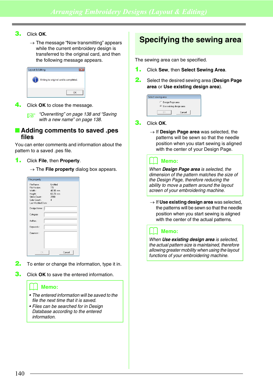 Specifying the sewing area, Arranging embroidery designs (layout & editing) | Brother PE-DESIGN 8 User Manual | Page 142 / 269