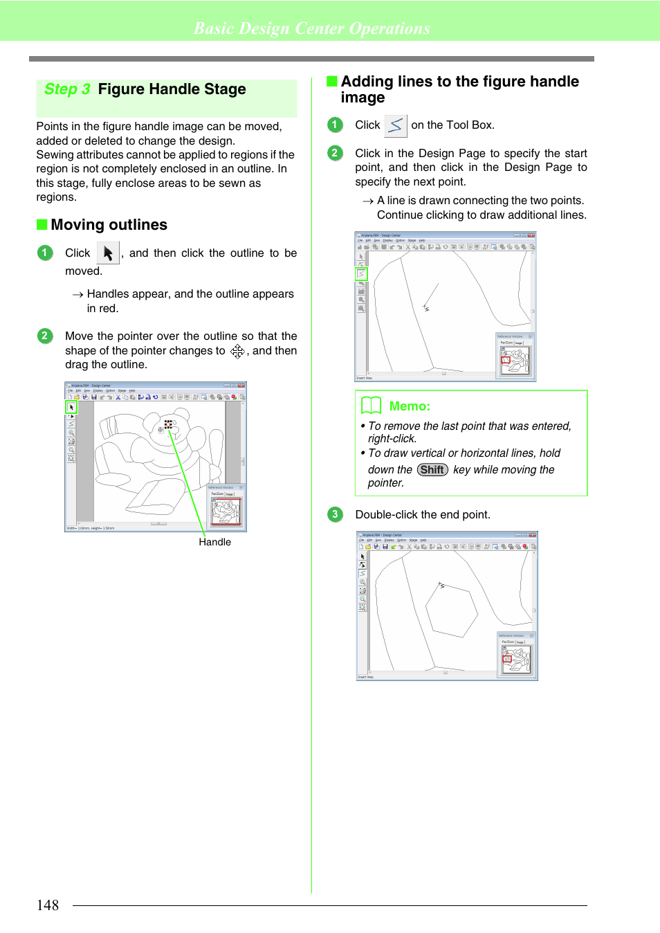 Basic design center operations, Step 3 figure handle stage, Moving outlines | Adding lines to the figure handle image | Brother PE-DESIGN 8 User Manual | Page 150 / 269