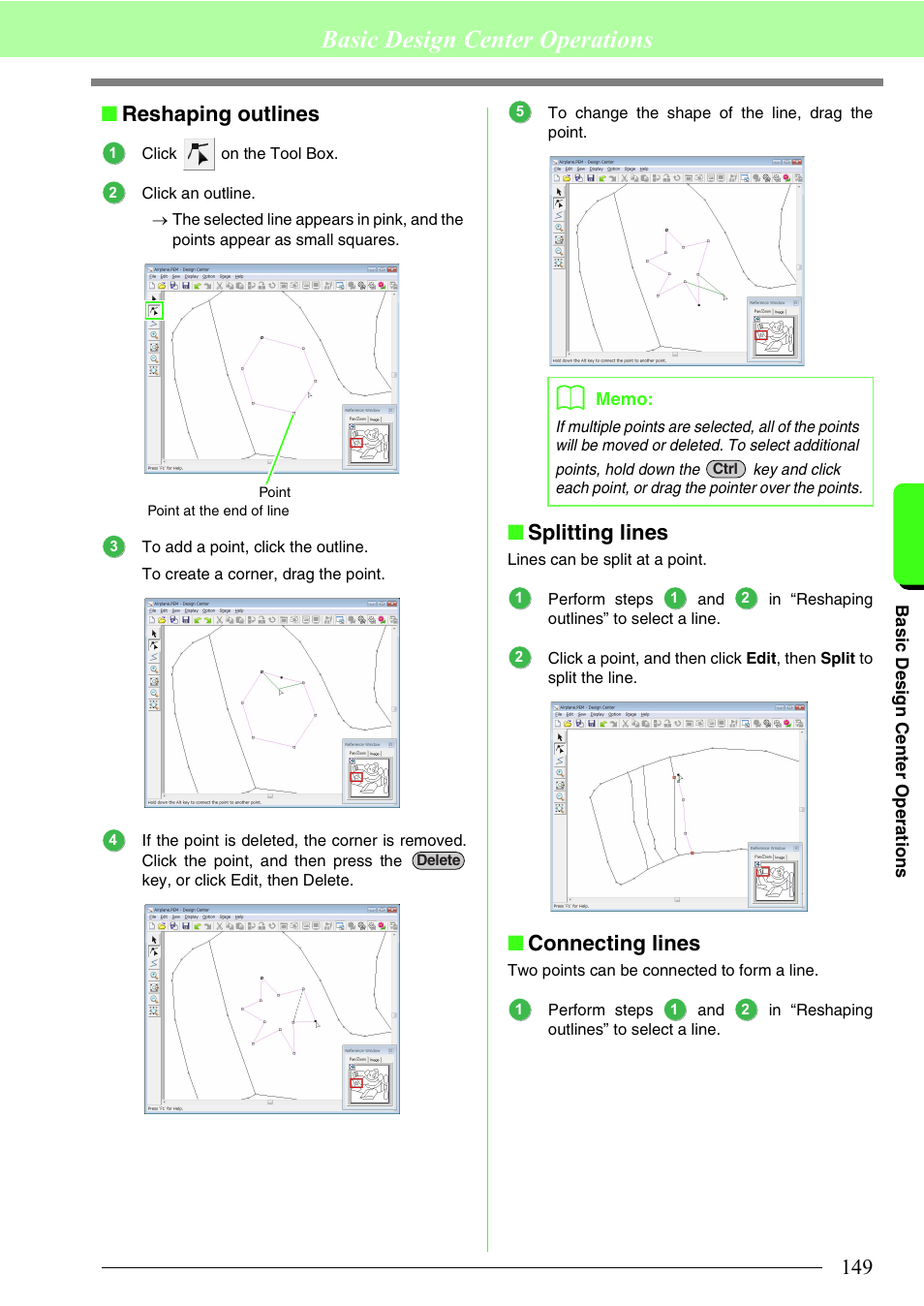 Basic design center operations, Reshaping outlines, Splitting lines | Connecting lines | Brother PE-DESIGN 8 User Manual | Page 151 / 269