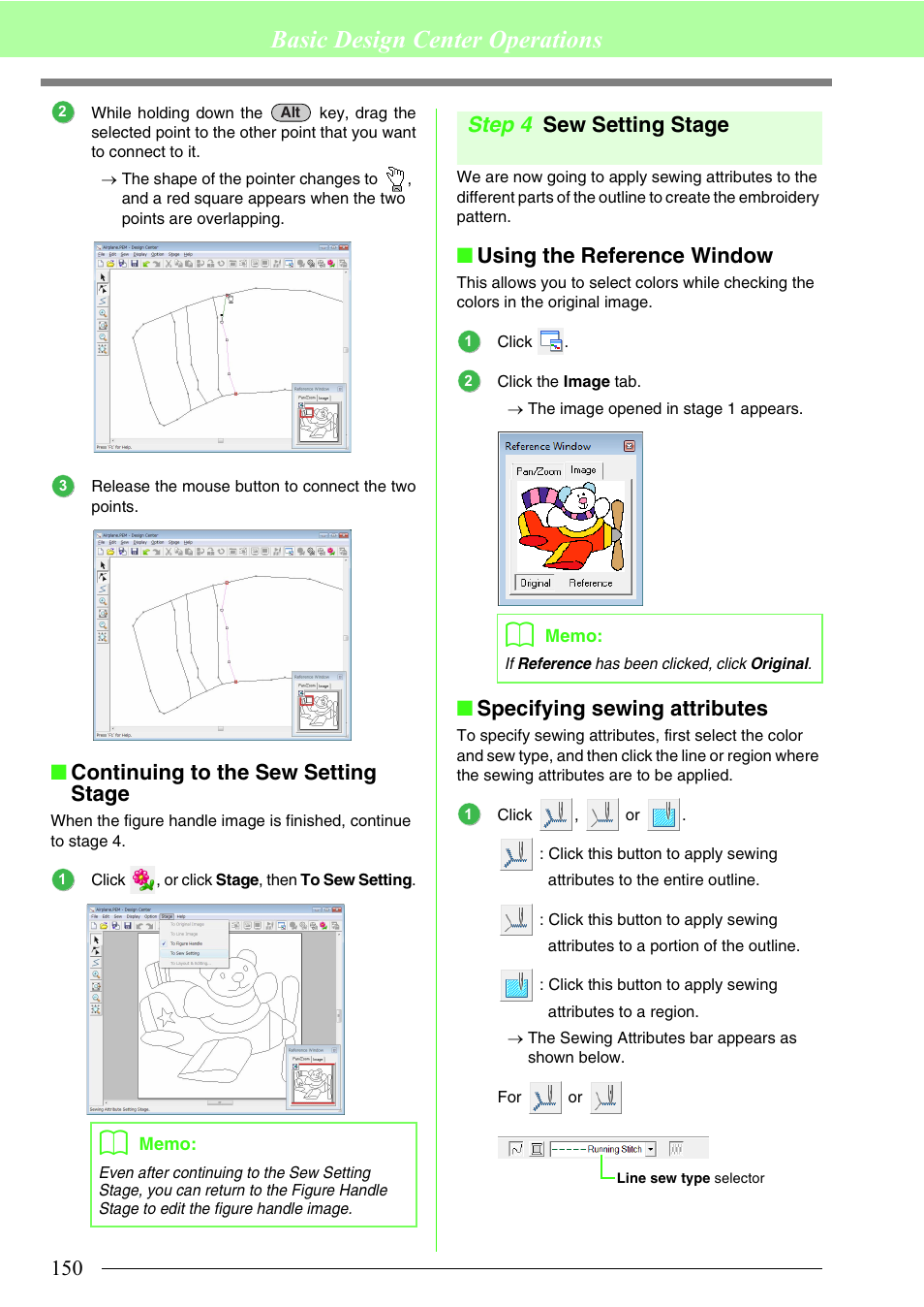 Basic design center operations, Continuing to the sew setting stage, Step 4 sew setting stage | Using the reference window, Specifying sewing attributes | Brother PE-DESIGN 8 User Manual | Page 152 / 269