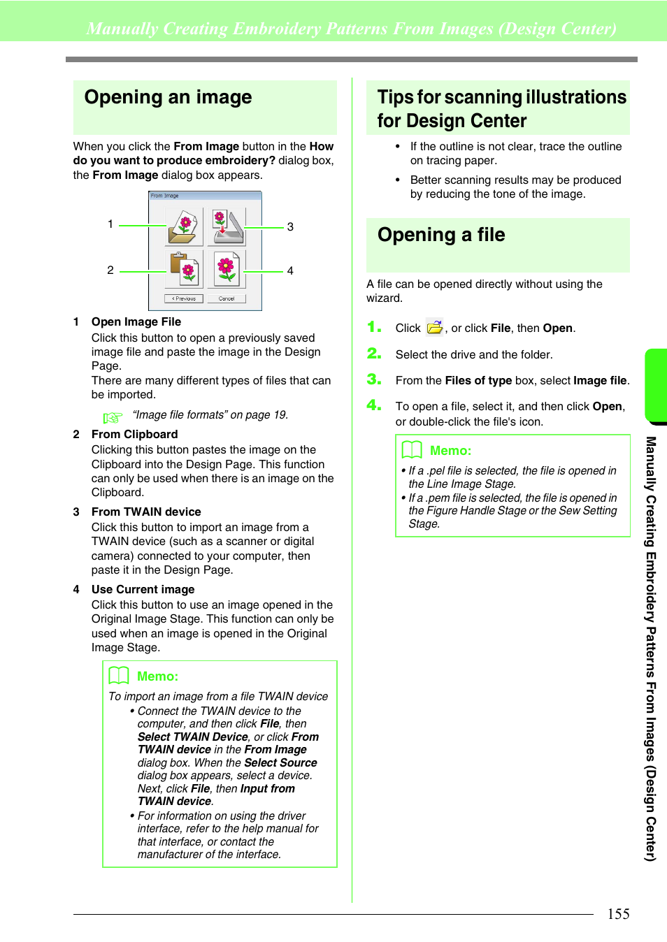 Opening an image, Tips for scanning illustrations for design center, Opening a file | Brother PE-DESIGN 8 User Manual | Page 157 / 269