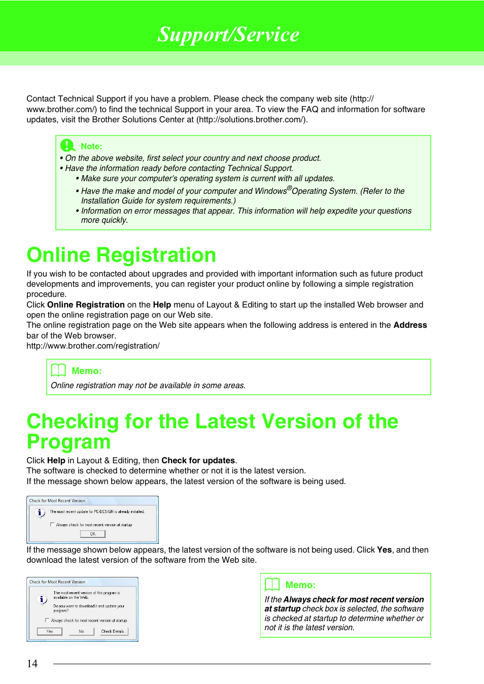 Support/service, Online registration, Checking for the latest version of the program | Brother PE-DESIGN 8 User Manual | Page 16 / 269