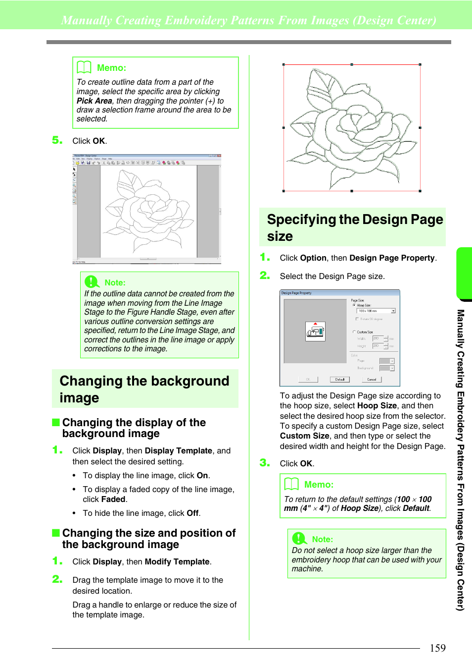 Changing the background image, Specifying the design page size | Brother PE-DESIGN 8 User Manual | Page 161 / 269