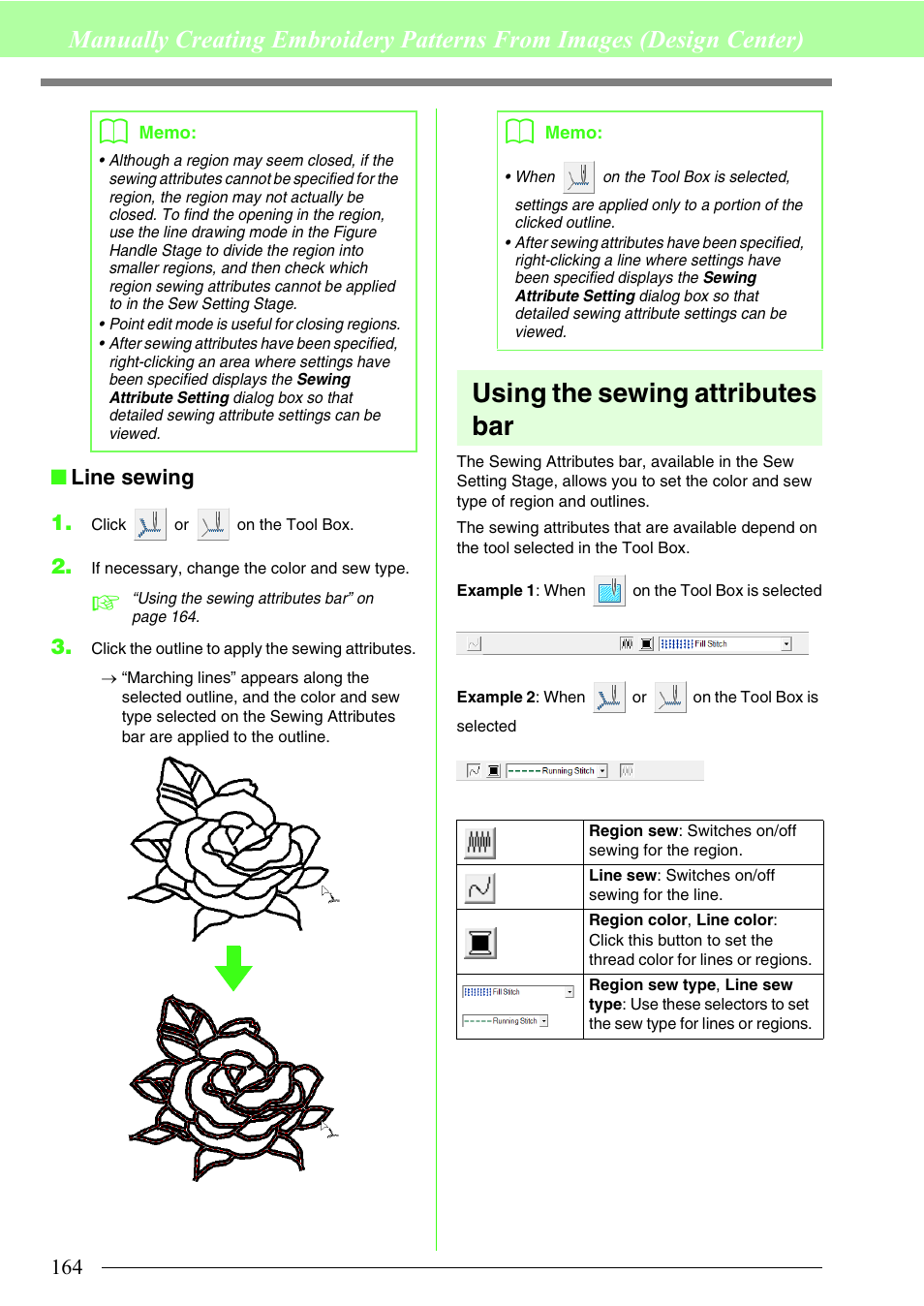 Using the sewing attributes bar, Line sewing 1 | Brother PE-DESIGN 8 User Manual | Page 166 / 269
