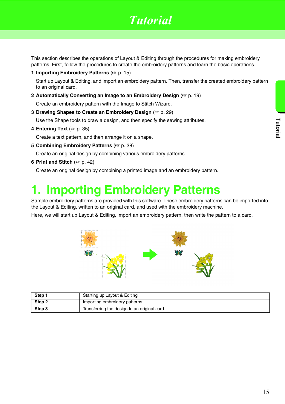 Tutorial, Importing embroidery patterns | Brother PE-DESIGN 8 User Manual | Page 17 / 269