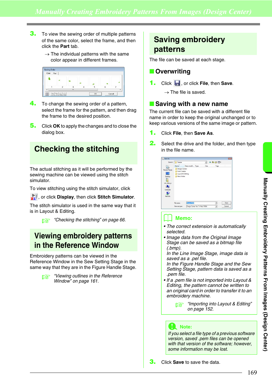 Checking the stitching, Saving embroidery patterns | Brother PE-DESIGN 8 User Manual | Page 171 / 269