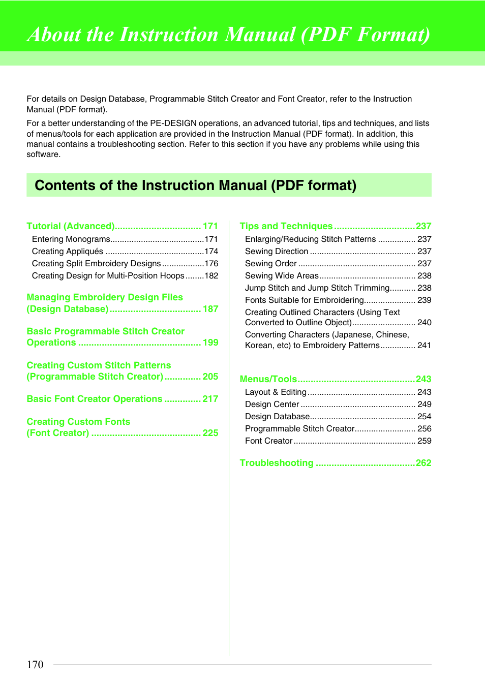About the instruction manual (pdf format), Contents of the instruction manual (pdf format) | Brother PE-DESIGN 8 User Manual | Page 172 / 269