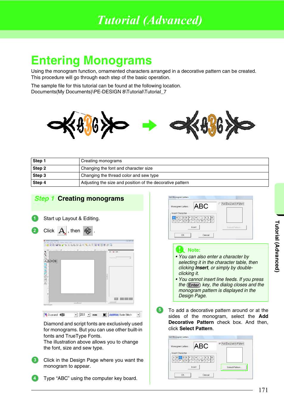 Tutorial (advanced), Entering monograms, P. 171 in the instruction manual | Pdf format)), Step 1 creating monograms | Brother PE-DESIGN 8 User Manual | Page 173 / 269