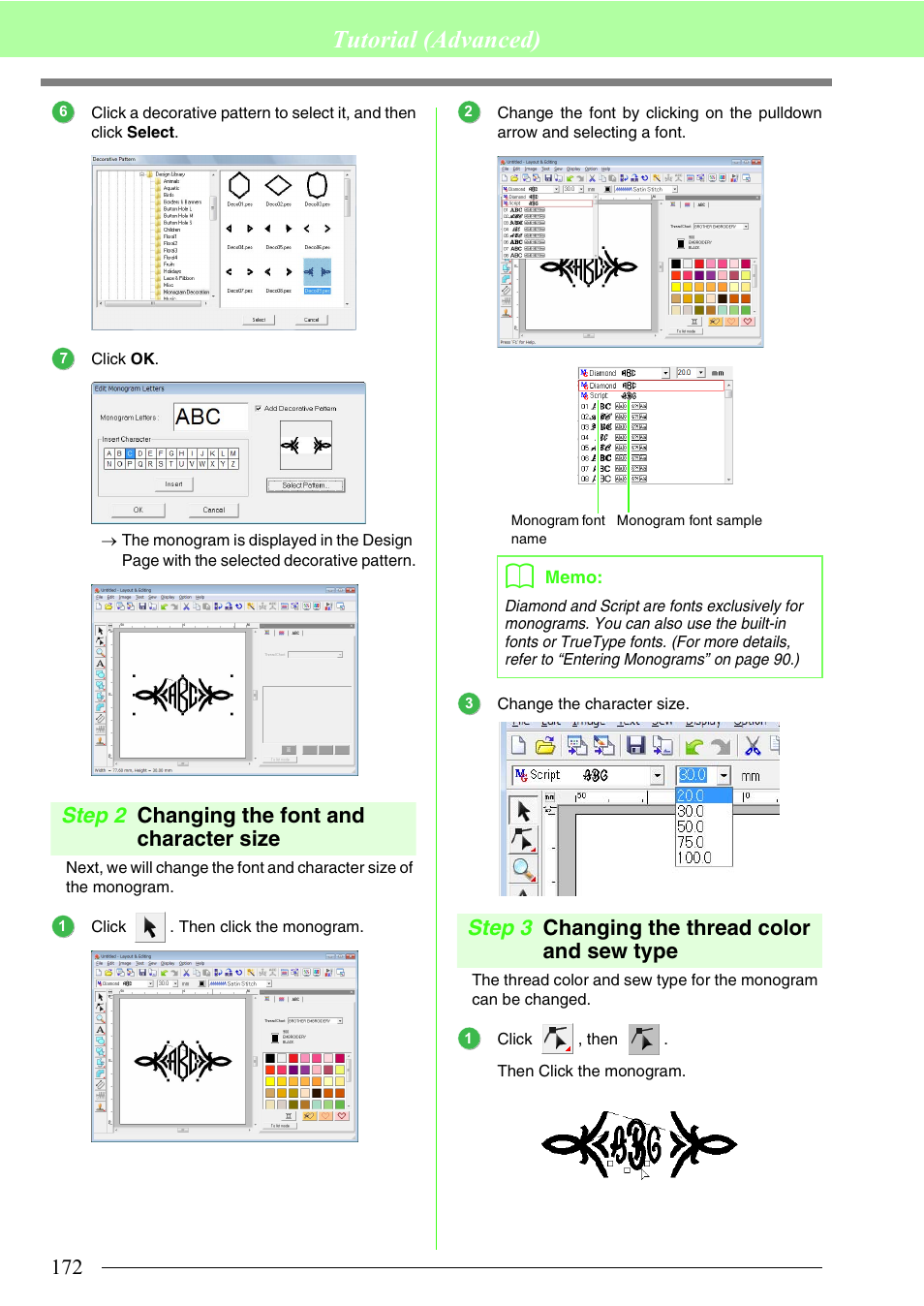 Changing the font and character size, Changing the thread color and sew type, Tutorial (advanced) | Step 2 changing the font and character size, Step 3 changing the thread color and sew type | Brother PE-DESIGN 8 User Manual | Page 174 / 269