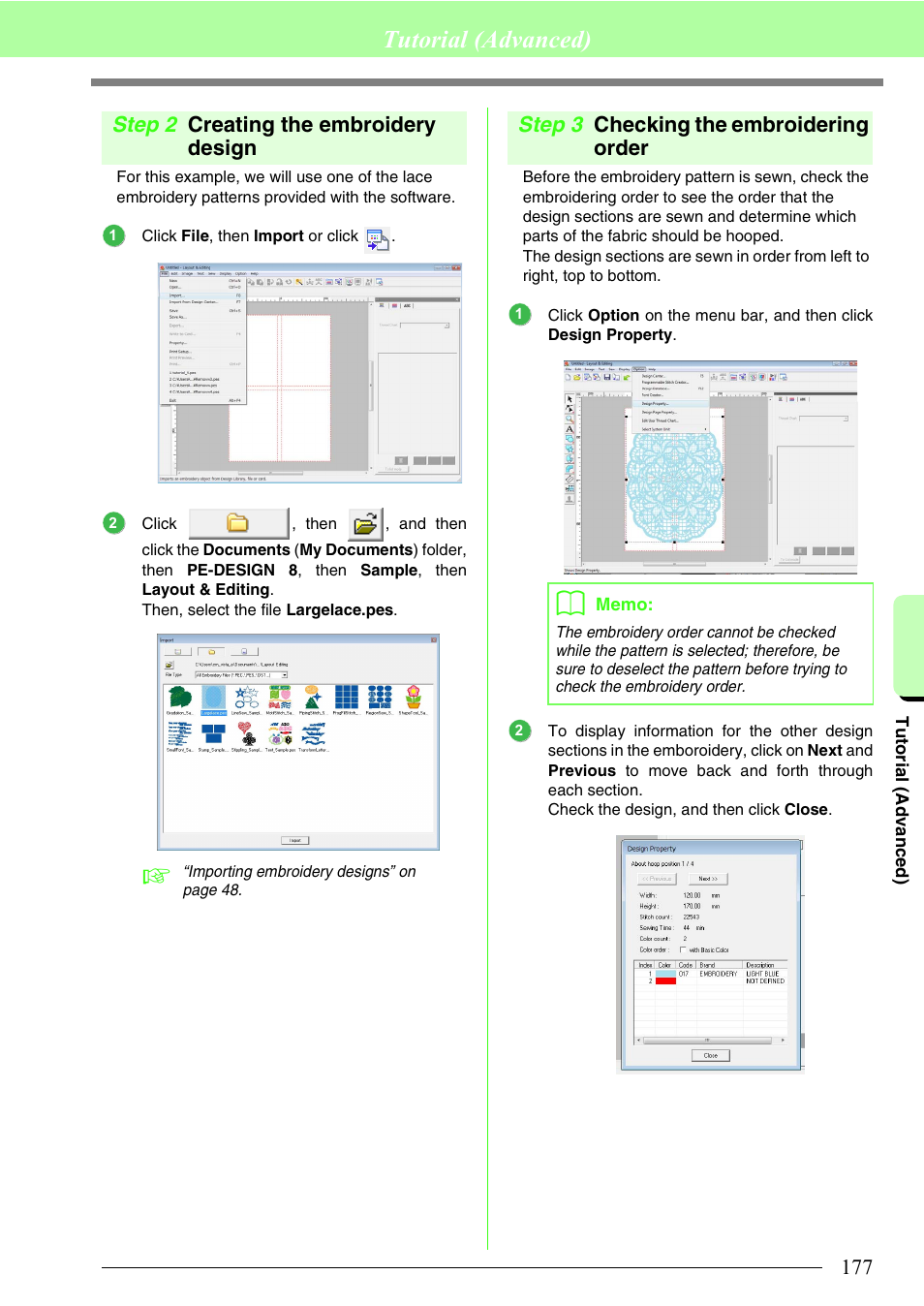 Creating the embroidery design, Checking the embroidering order, Tutorial (advanced) | Step 2 creating the embroidery design, Step 3 checking the embroidering order | Brother PE-DESIGN 8 User Manual | Page 179 / 269