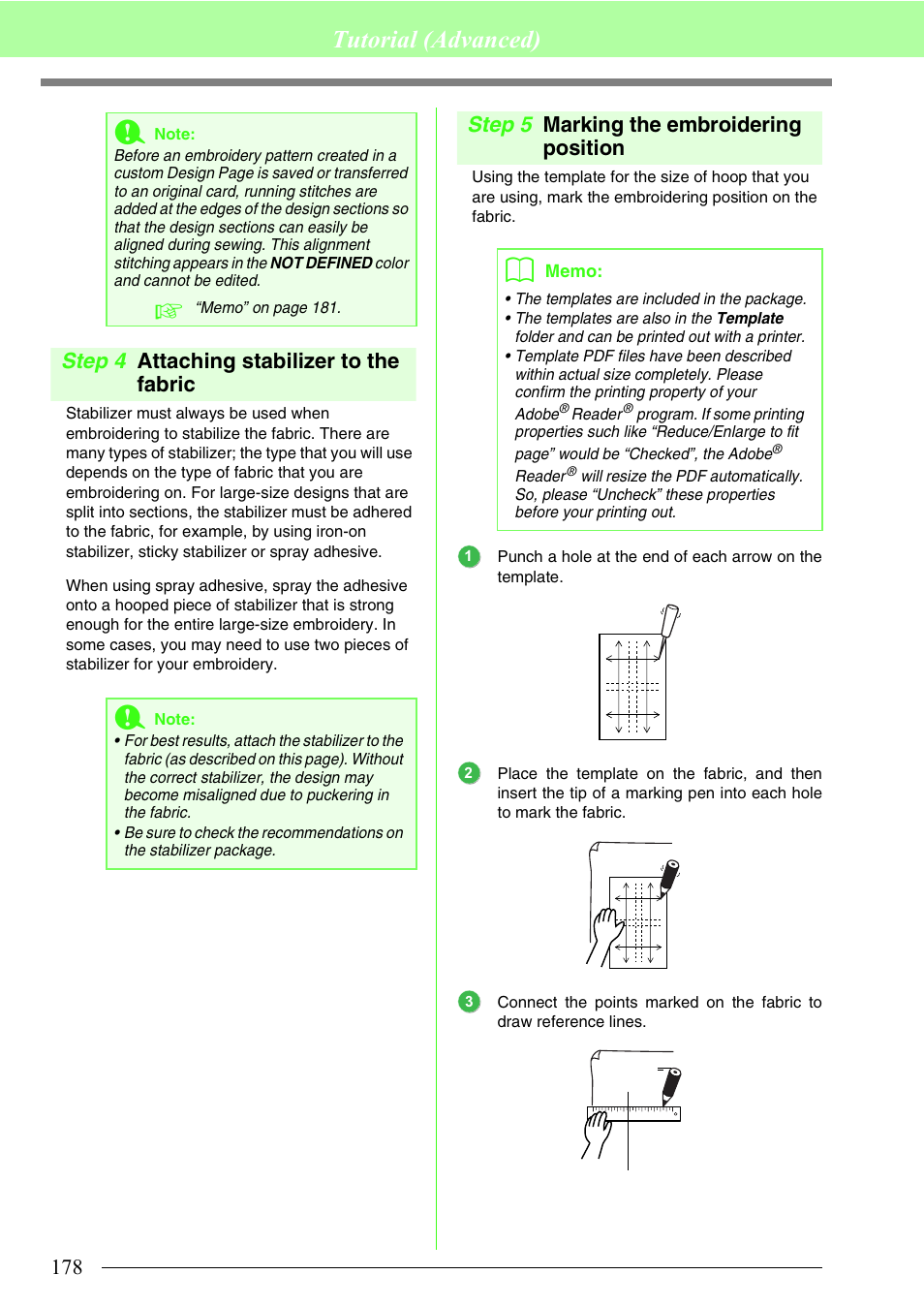 Attaching stabilizer to the fabric, Marking the embroidering position, Tutorial (advanced) | Step 4 attaching stabilizer to the fabric, Step 5 marking the embroidering position | Brother PE-DESIGN 8 User Manual | Page 180 / 269