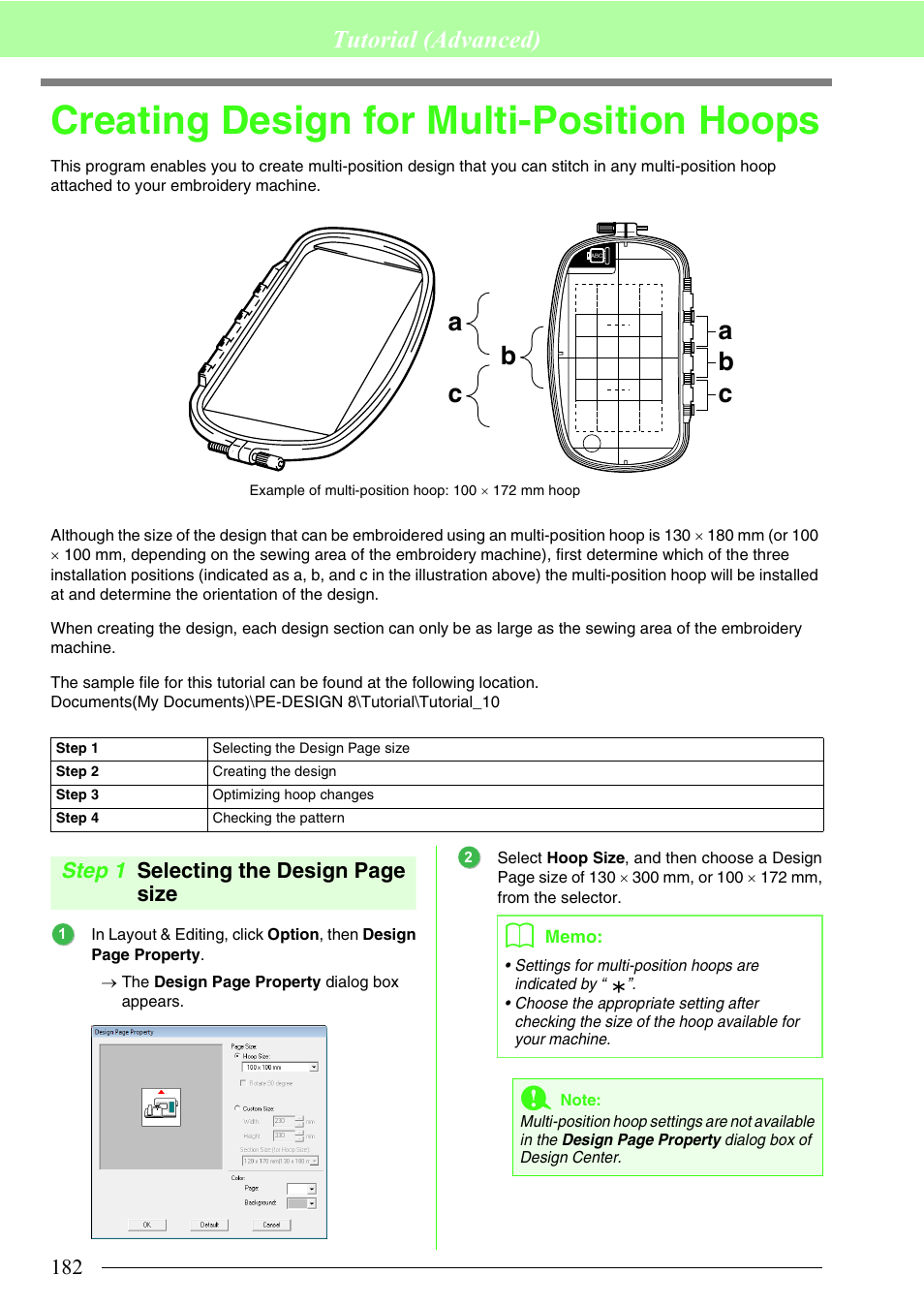 Creating design for multi-position hoops, Tutorial (advanced), Step 1 selecting the design page size | Brother PE-DESIGN 8 User Manual | Page 184 / 269