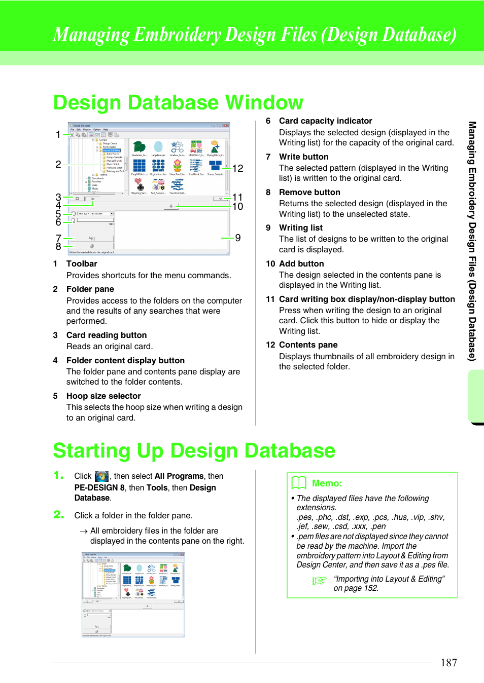 Managing embroidery design files (design database), Design database window, Starting up design database | P. 187 in the instruction, Manual (pdf format)) | Brother PE-DESIGN 8 User Manual | Page 189 / 269