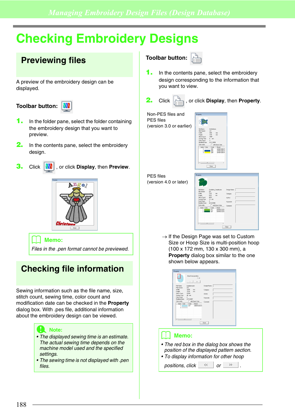 Checking embroidery designs, Previewing files, Checking file information | Managing embroidery design files (design database) | Brother PE-DESIGN 8 User Manual | Page 190 / 269