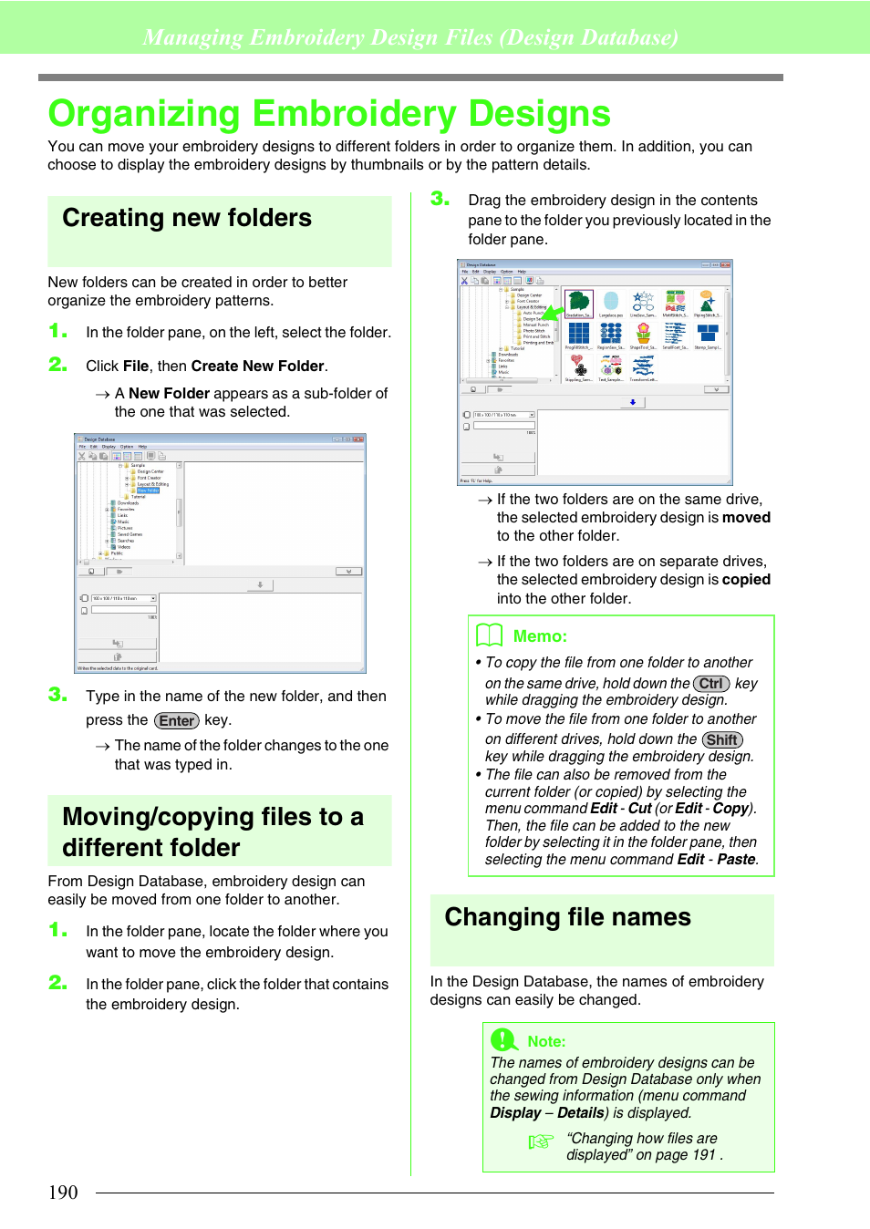 Organizing embroidery designs, Creating new folders, Moving/copying files to a different folder | Changing file names, Managing embroidery design files (design database) | Brother PE-DESIGN 8 User Manual | Page 192 / 269