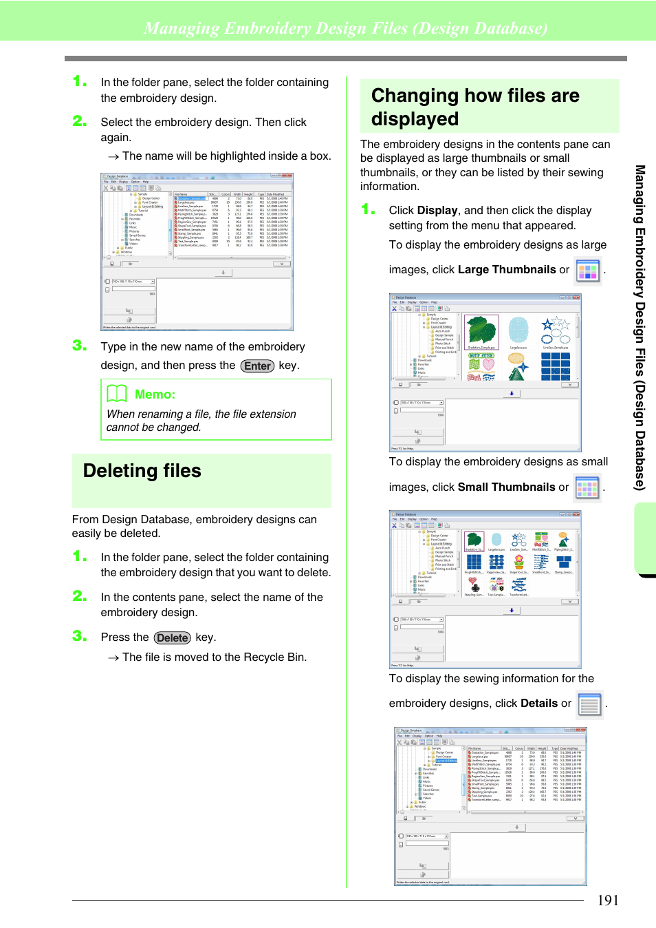 Deleting files, Changing how files are displayed, Managing embroidery design files (design database) | Brother PE-DESIGN 8 User Manual | Page 193 / 269