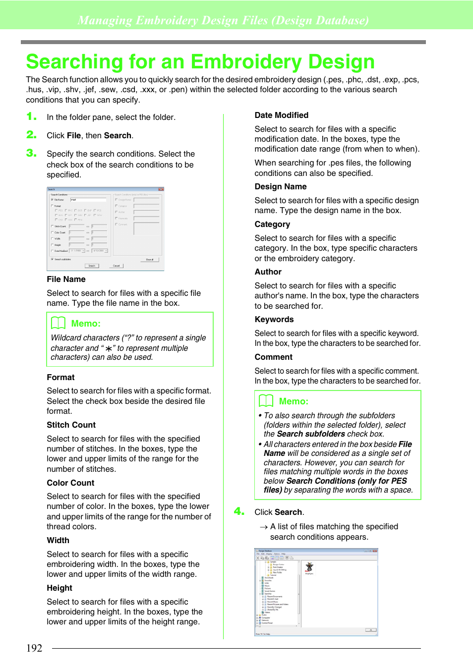 Searching for an embroidery design, Managing embroidery design files (design database) | Brother PE-DESIGN 8 User Manual | Page 194 / 269