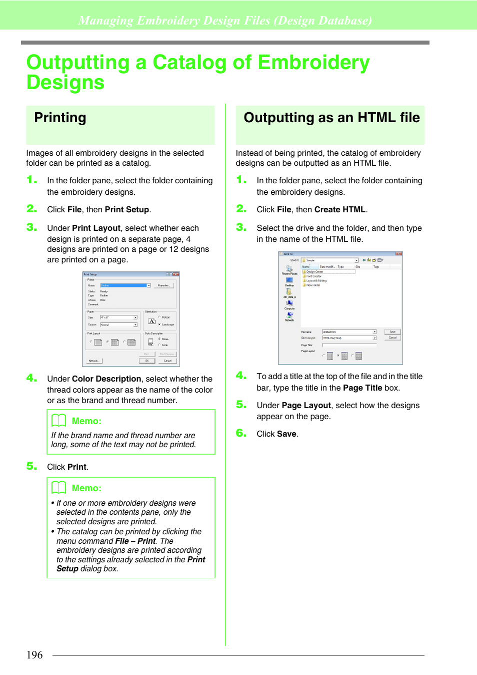 Outputting a catalog of embroidery designs, Printing, Outputting as an html file | Managing embroidery design files (design database) | Brother PE-DESIGN 8 User Manual | Page 198 / 269