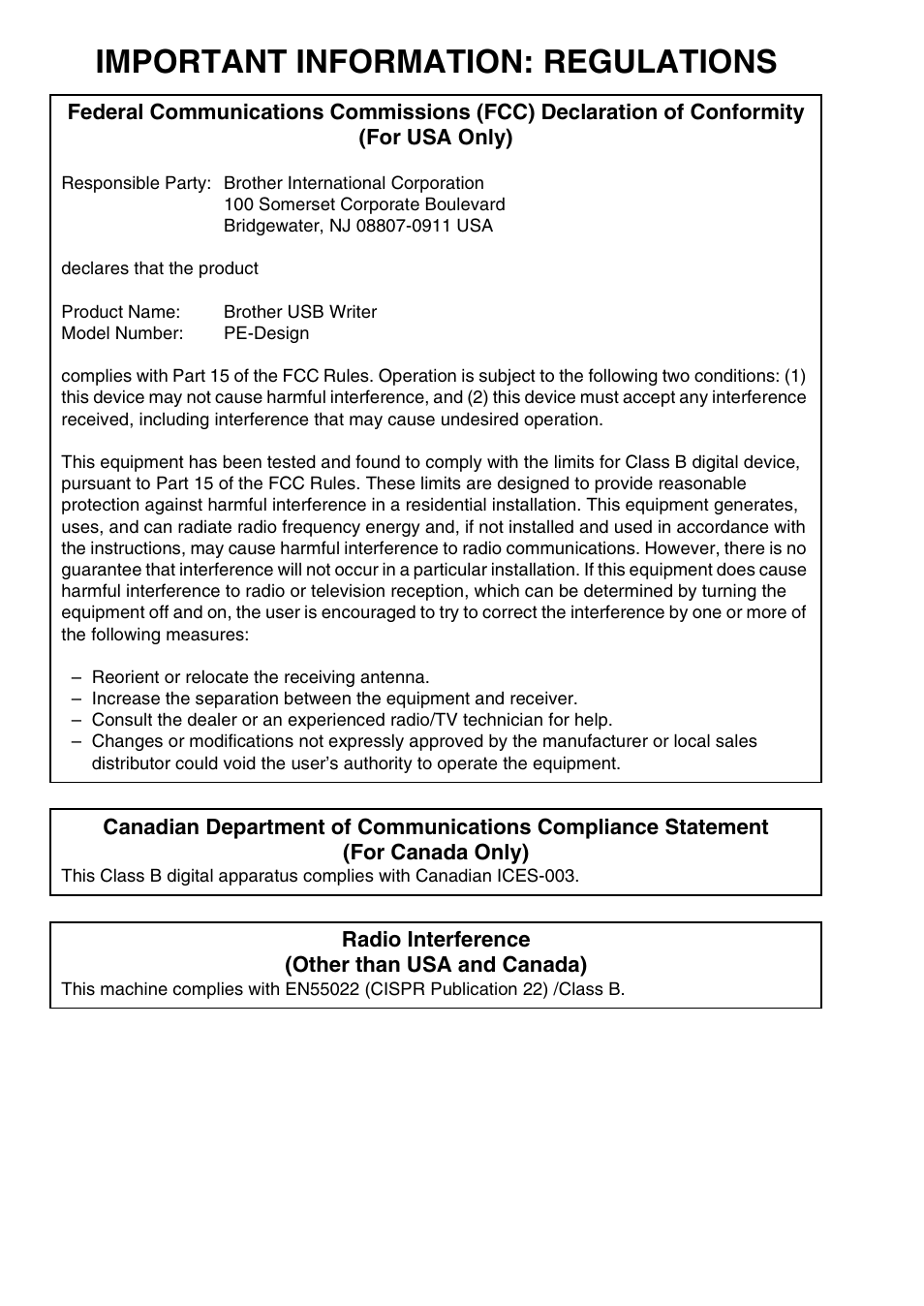 Important information: regulations | Brother PE-DESIGN 8 User Manual | Page 2 / 269