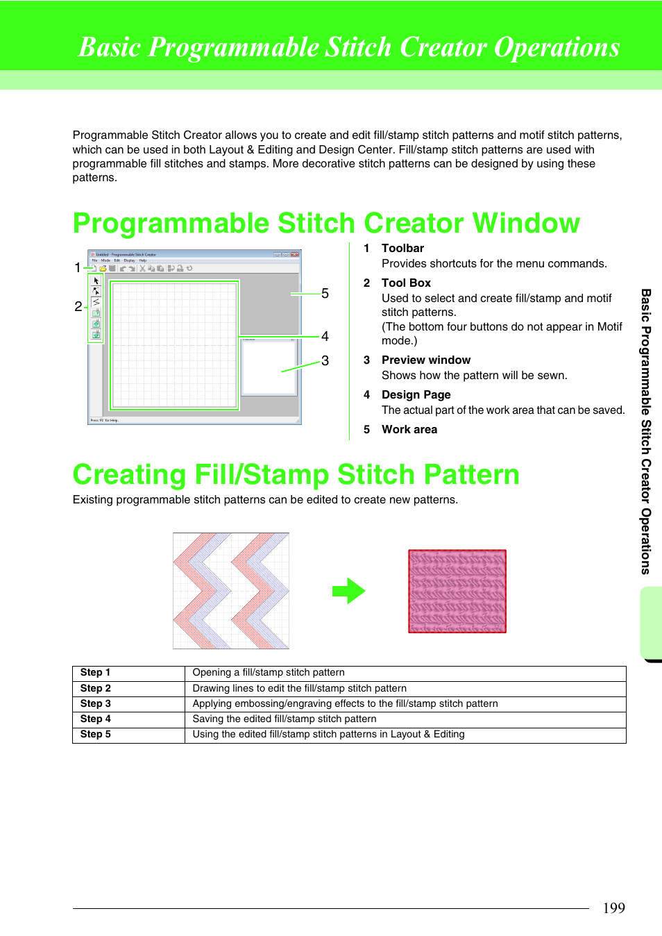 Basic programmable stitch creator operations, Programmable stitch creator window, Creating fill/stamp stitch pattern | P. 199 in the instruction, Manual (pdf format)) | Brother PE-DESIGN 8 User Manual | Page 201 / 269