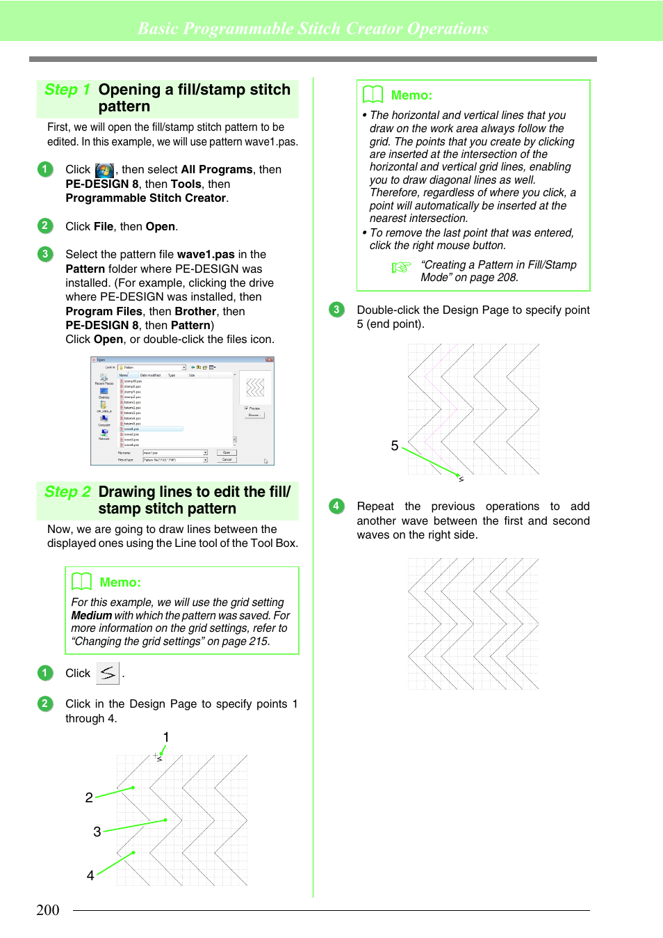 Opening a fill/stamp stitch pattern, Basic programmable stitch creator operations, Step 1 opening a fill/stamp stitch pattern | Brother PE-DESIGN 8 User Manual | Page 202 / 269