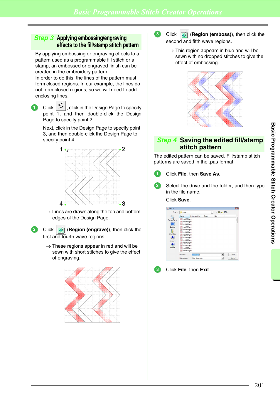 Saving the edited fill/stamp stitch pattern, Basic programmable stitch creator operations, Step 4 saving the edited fill/stamp stitch pattern | Brother PE-DESIGN 8 User Manual | Page 203 / 269